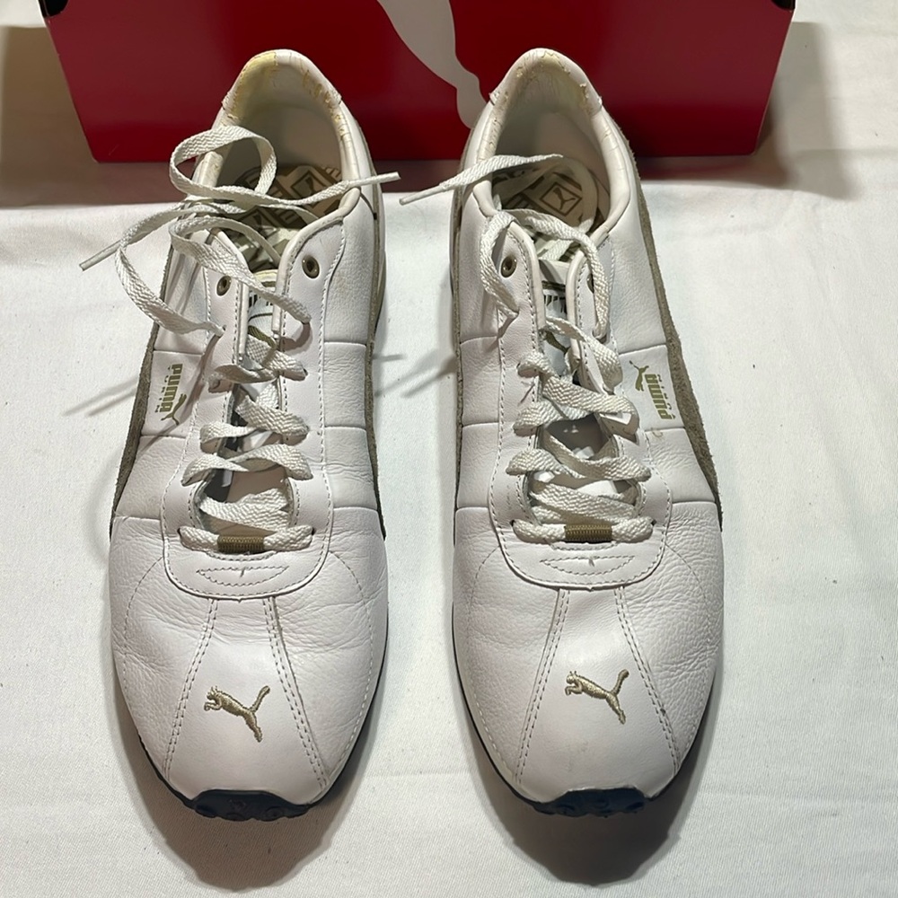 Puma Turin White Leather Tan Suede Trim Mens 11 Leather Athletic Sneakers